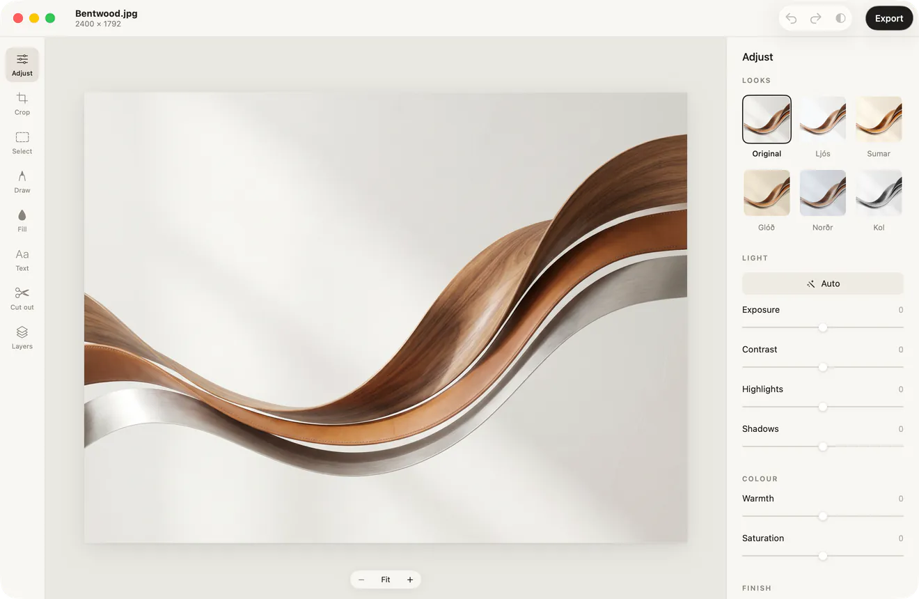 Skapa’s editor with the Adjust tool chosen. The eight tools run down the left, a photo of bent walnut, leather and steel fills the middle, and on the right are the six looks, an Auto button and sliders for exposure, contrast, highlights, shadows, warmth and saturation.